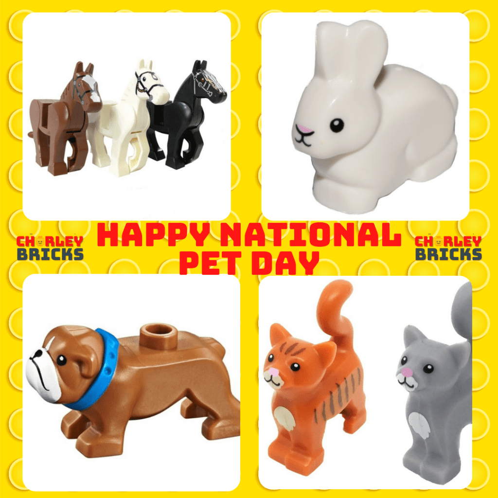 Minifig pets in four quadrants, 3 horses, rabit, dog and two cats
